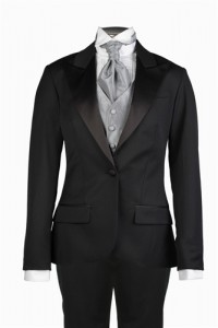 Her Tuxedos, the first online retailer specializing in tuxedos for women, offers this black peak lapel tuxedo suit and cravat to women looking for classical style. 